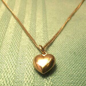 Vintage 10K Yellow Gold Puffed Heart Pendant Necklace, 16" Curb Chain